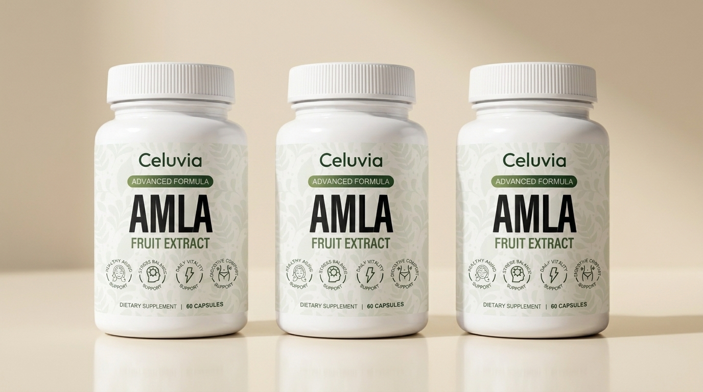 Three bottles of Celuvia Amla fruit extract side by side