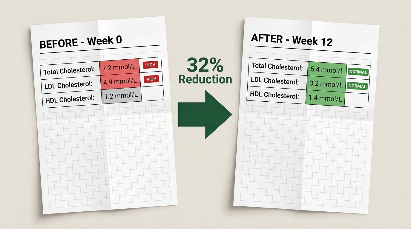 Before and after cholesterol blood panels showing a 32 percent reduction at week 12