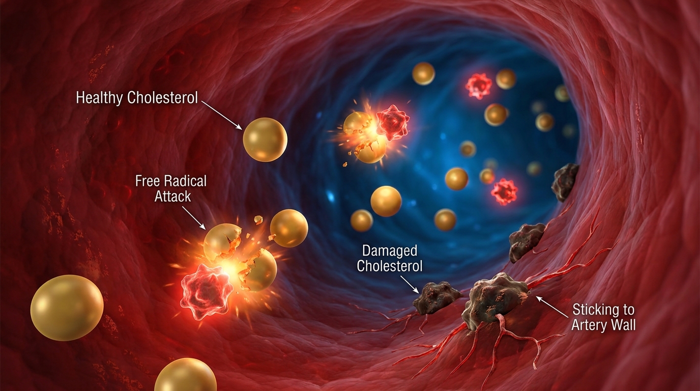 Free radicals attacking cholesterol particles inside an artery